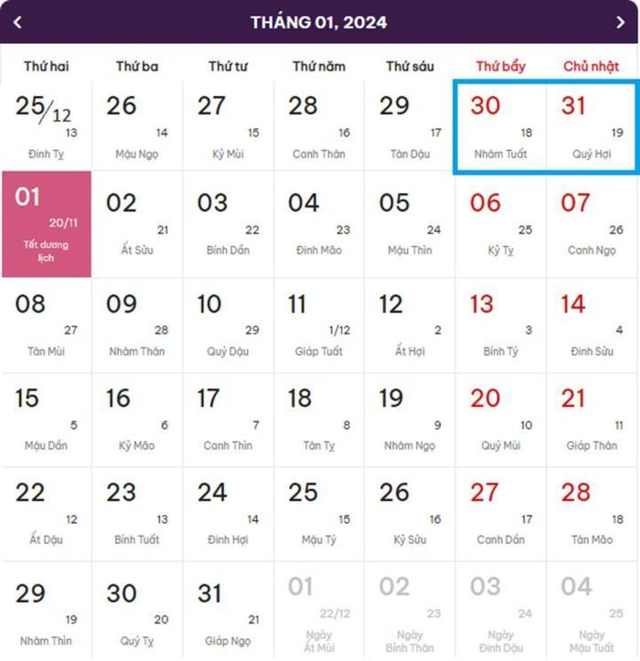 Lịch nghỉ Tết Dương lịch 2024 (màu xanh là ngày nghỉ cuối tuần, màu hồng là ngày nghỉ lễ chính thức). Ảnh: H.T